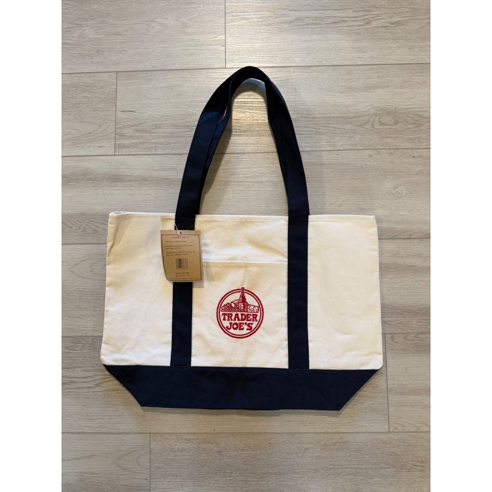 Trader Joe's Reusable Canvas Tote Bag Navy Blue Cream Embroidered Logo NWT